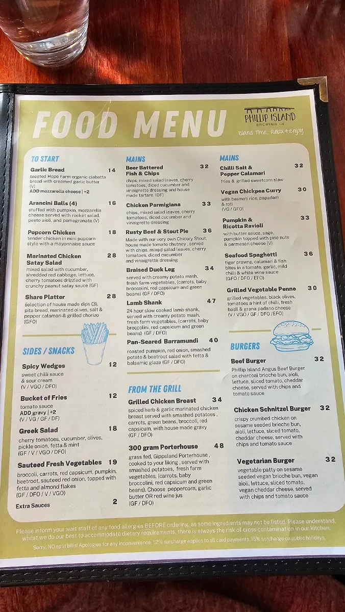 Menu, Phillip Island Brewing Co