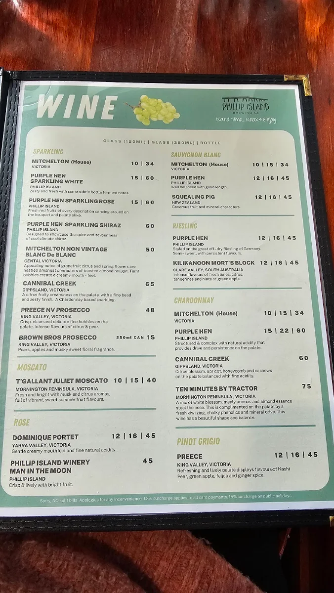 Menu, Phillip Island Brewing Co
