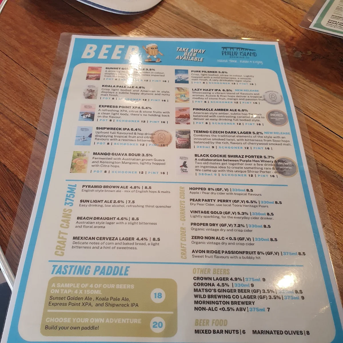 Menu, Phillip Island Brewing Co
