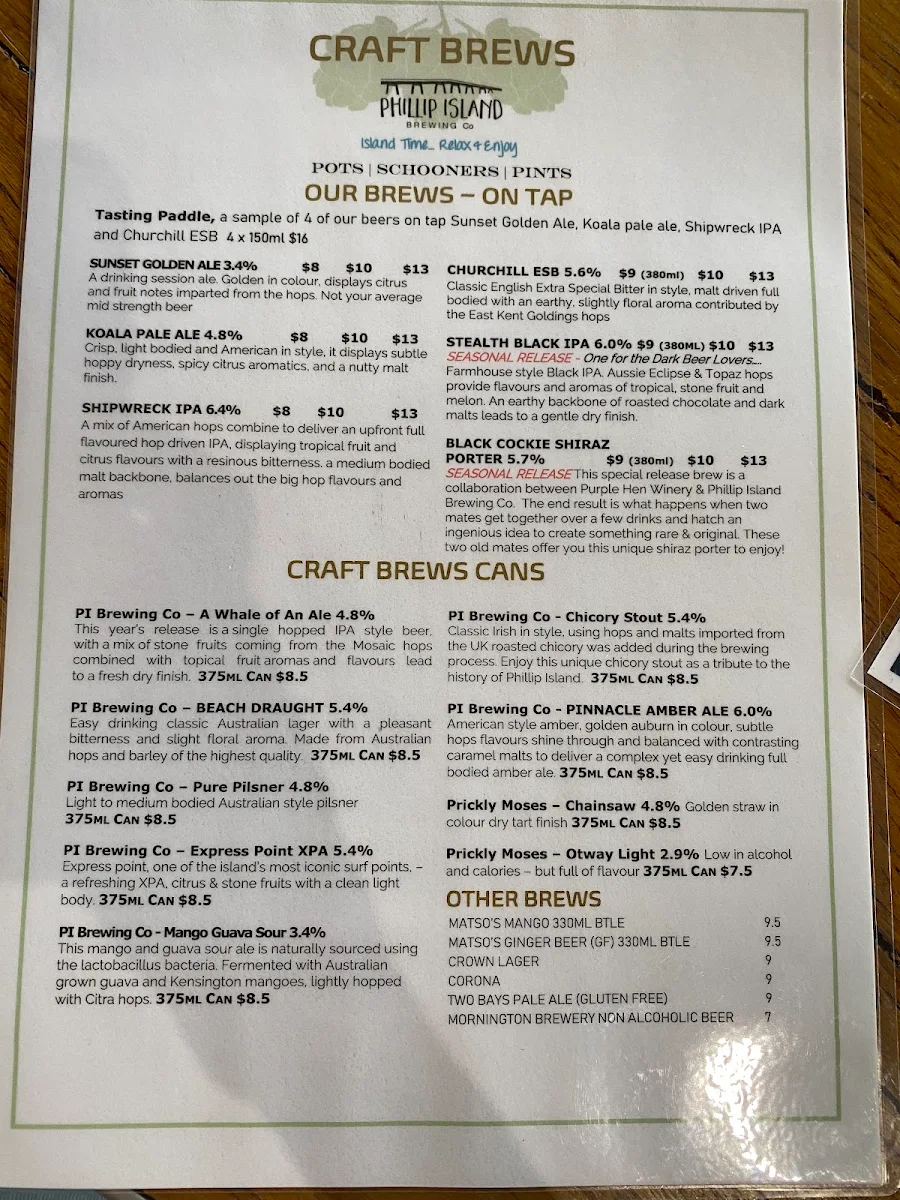 Menu, Phillip Island Brewing Co