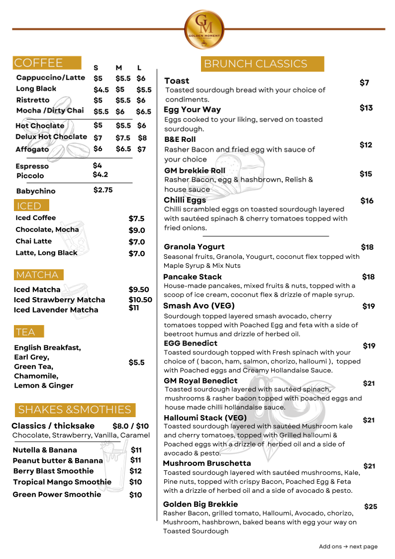 Menu, Golden Moment Cafe & Restaurant