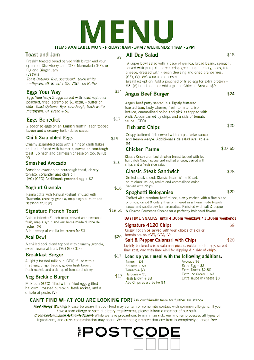 Menu, The Postcode 4120