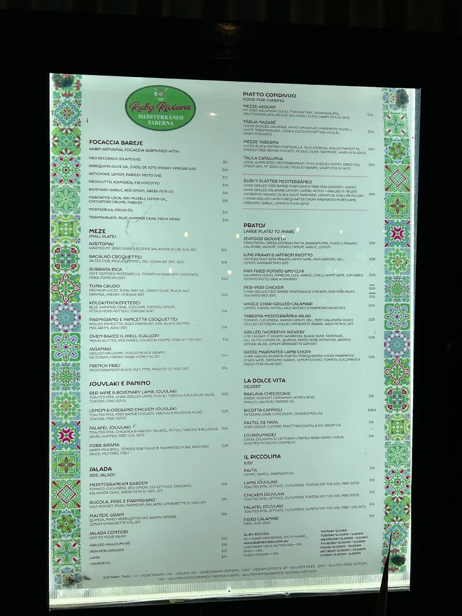 Menu, Ruby Riviera Taberna Mediterraneo