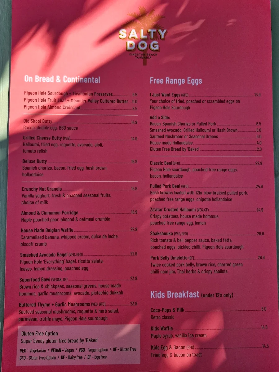 Menu, The Salty Dog Hotel