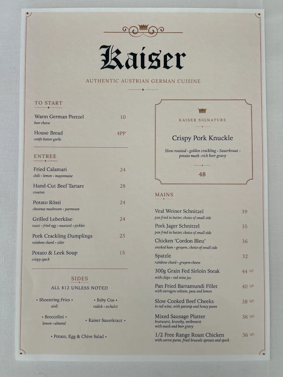 Menu, Kaiser Stubn