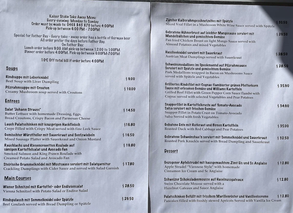 Menu, Kaiser Stubn