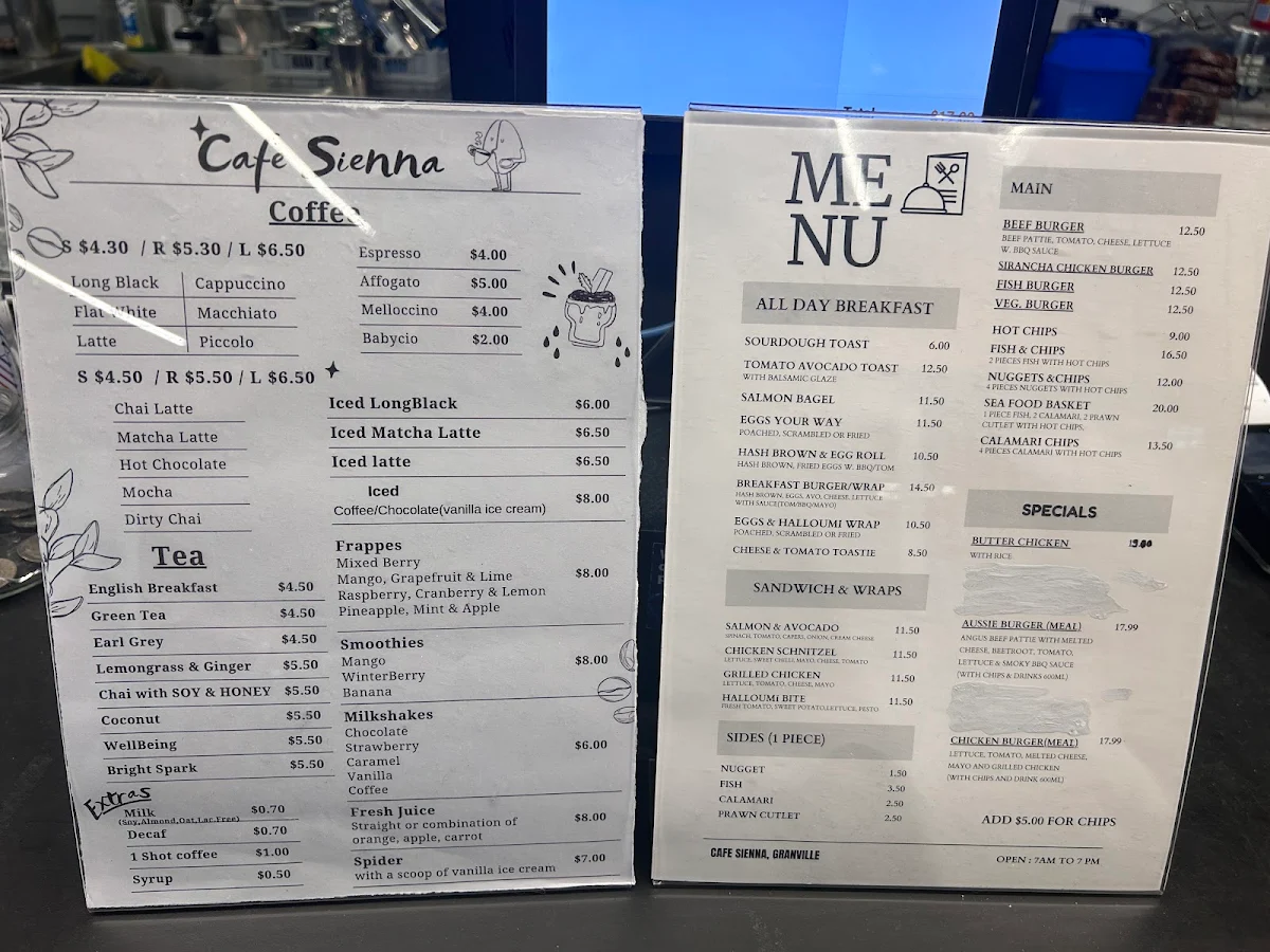 Menu, The Cafe Sienna