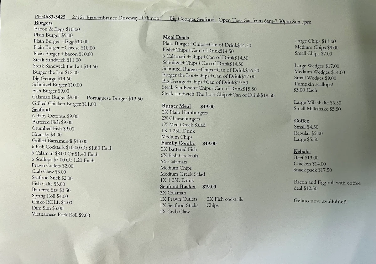 Menu, Georges seafood takeaway