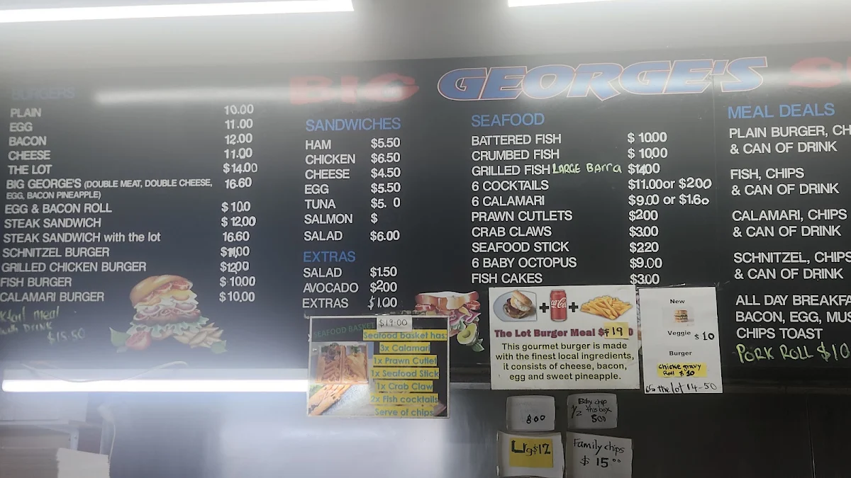 Menu, Georges seafood takeaway