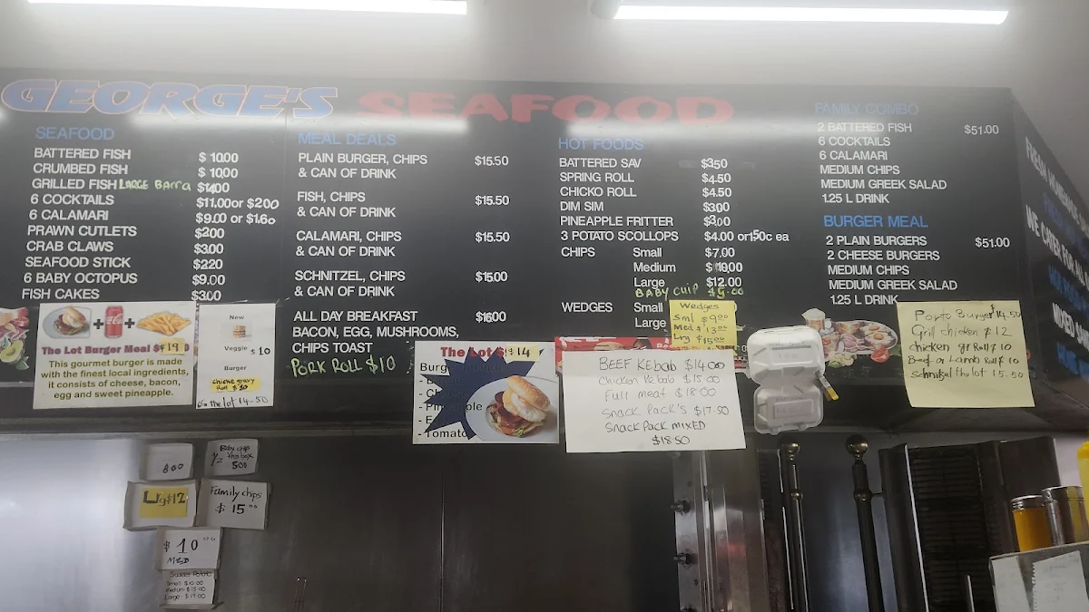 Menu, Georges seafood takeaway