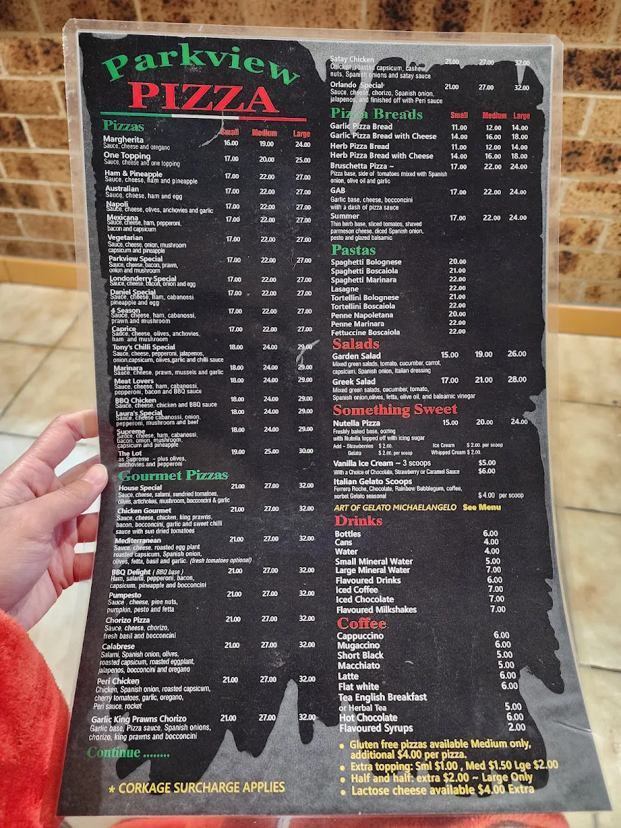 Menu, Parkview Pizza