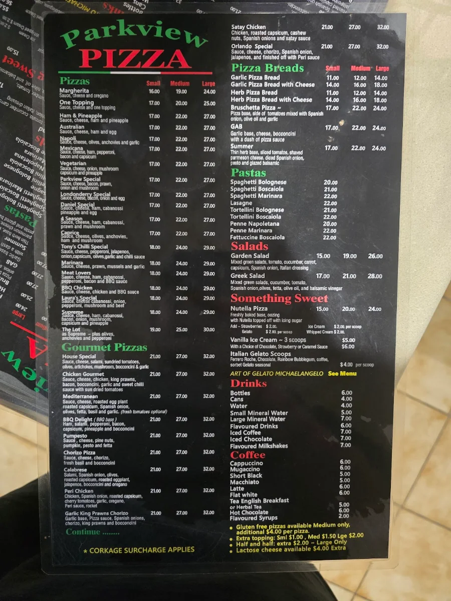 Menu, Parkview Pizza