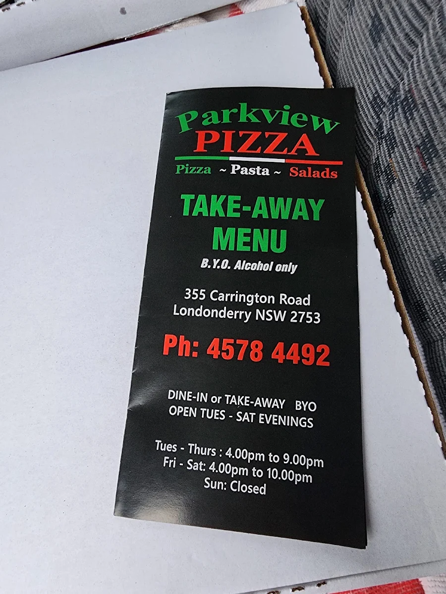 Menu, Parkview Pizza