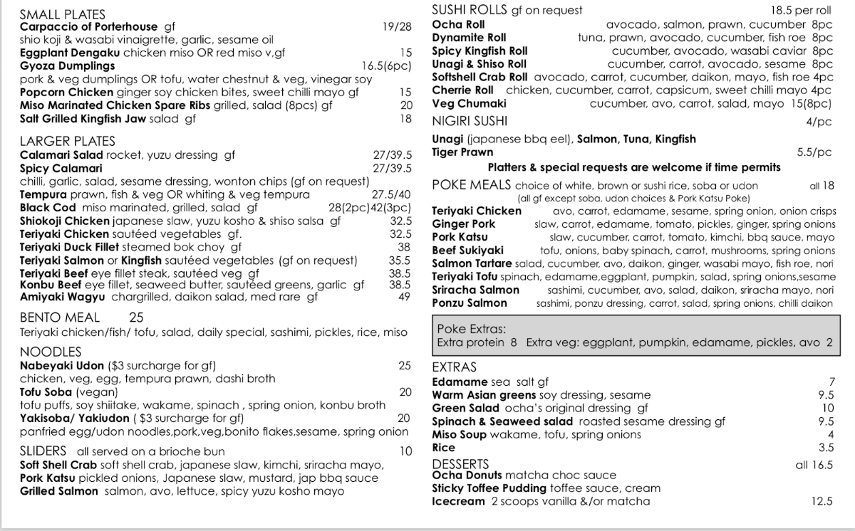 Menu, Ocha
