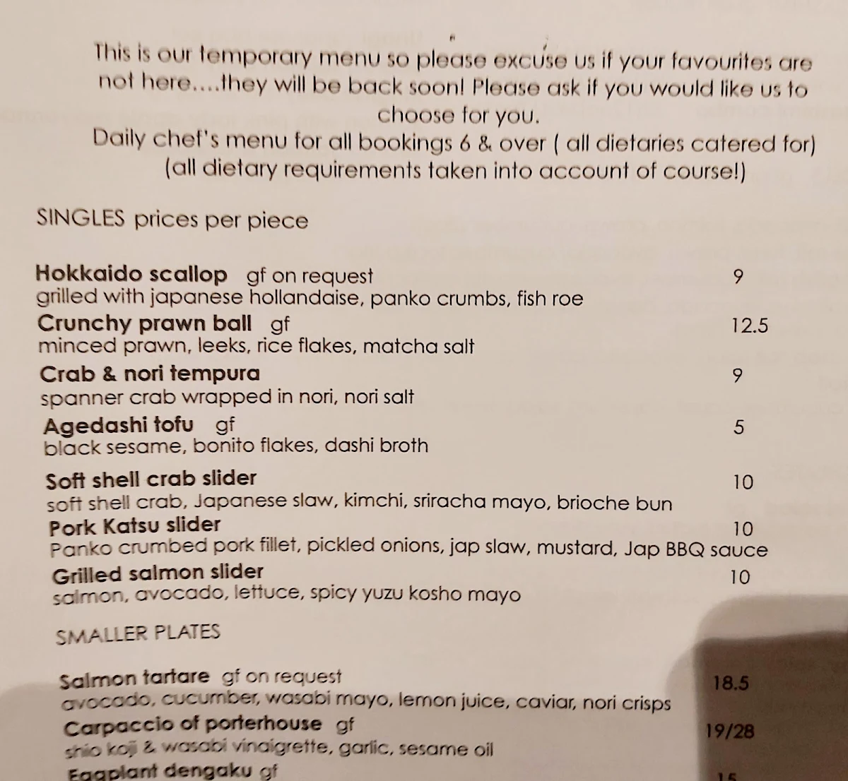 Menu, Ocha