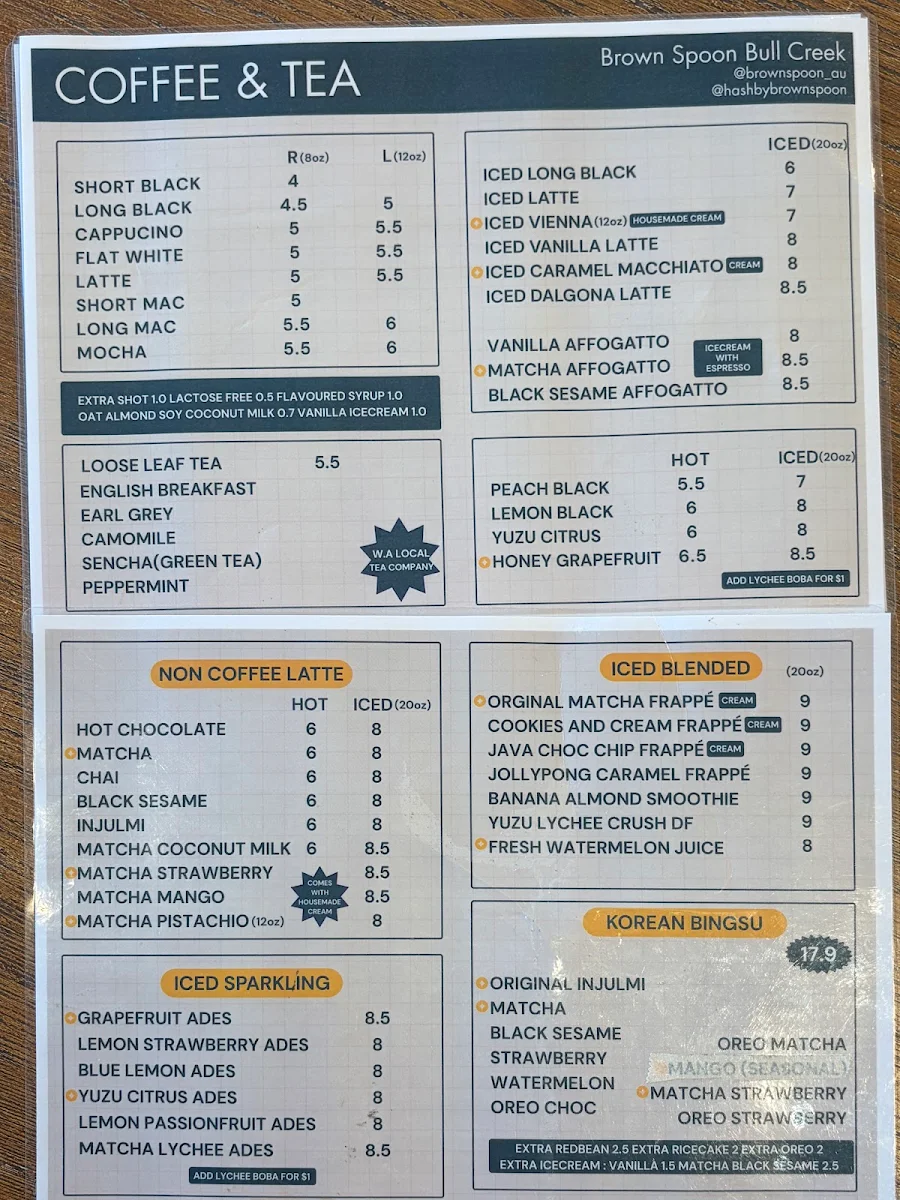 Menu, Brown Spoon Bull Creek