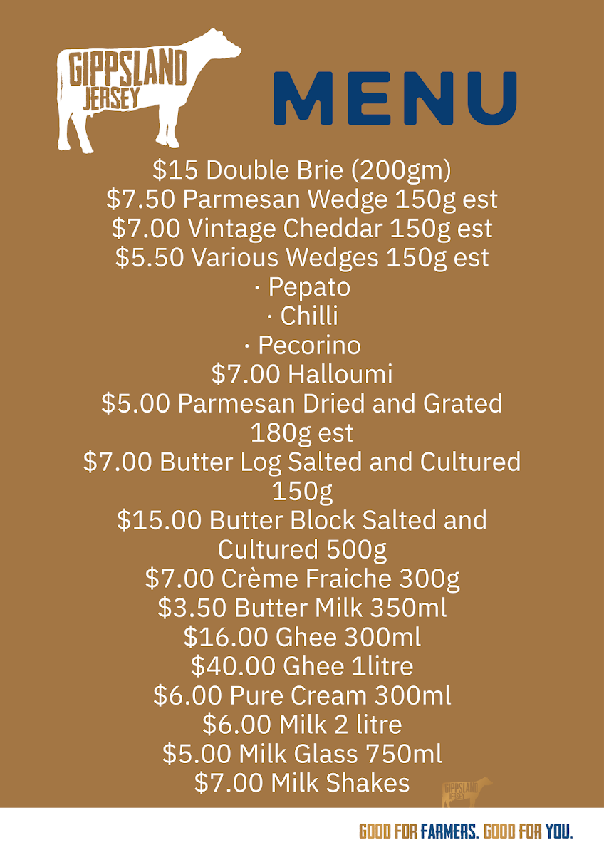 Menu, Gippsland Jersey Factory Outlet & Cafe