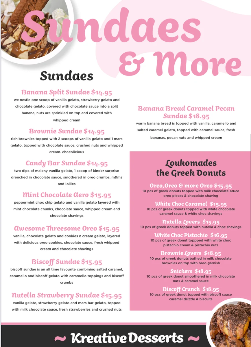 Menu, Kreative Desserts Townsville City