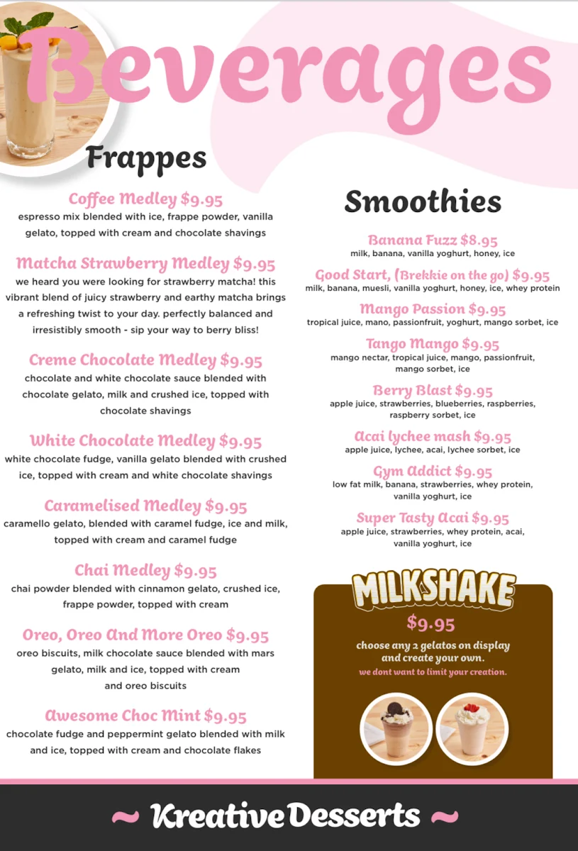 Menu, Kreative Desserts Townsville City
