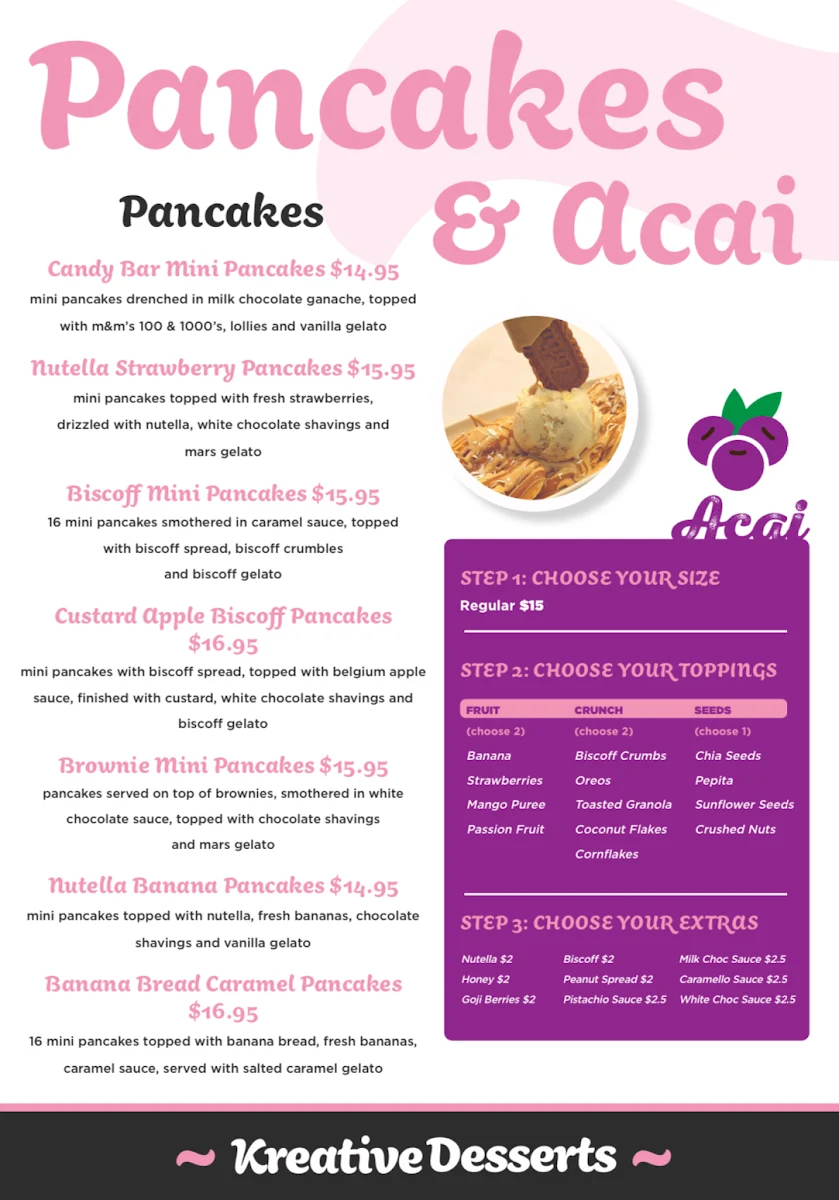 Menu, Kreative Desserts Townsville City