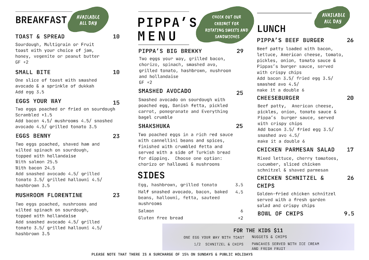 Menu, Pippa's Cafe