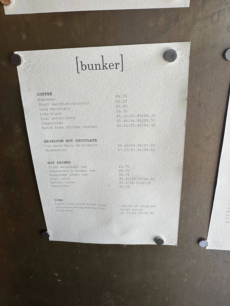 Menu, Bunker Coffee