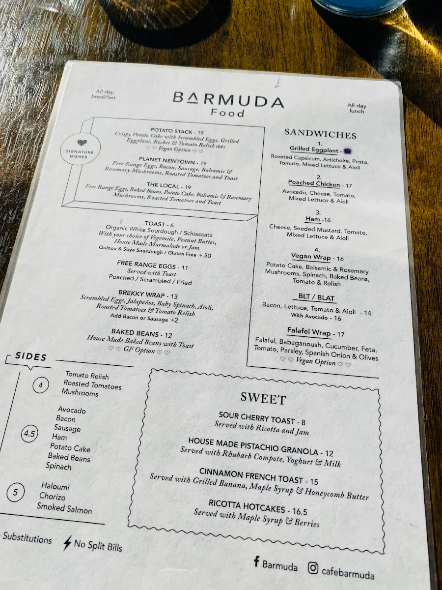 Menu, Barmuda