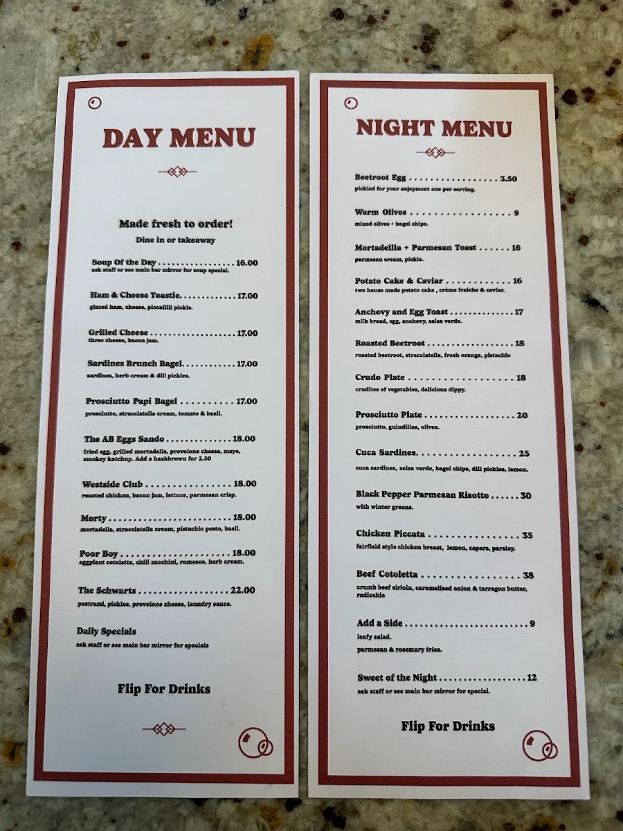 Menu, Westside Laundry