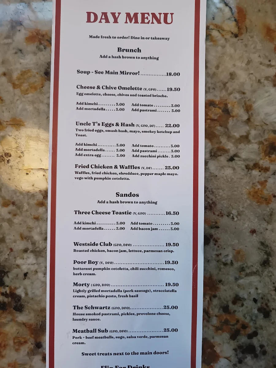 Menu, Westside Laundry