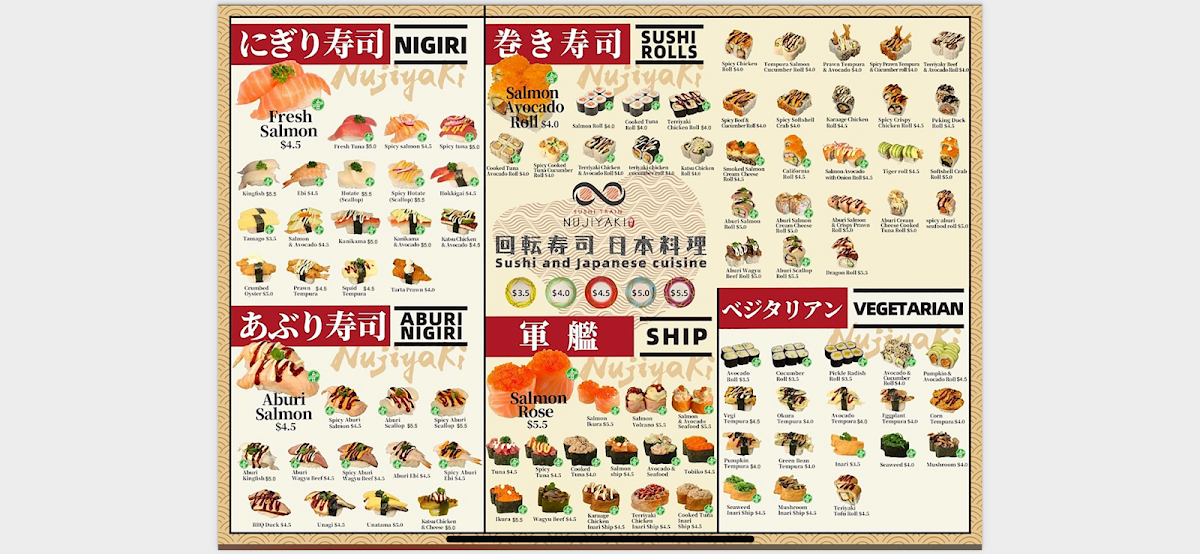 Menu, Nujiyaki Sushi Train