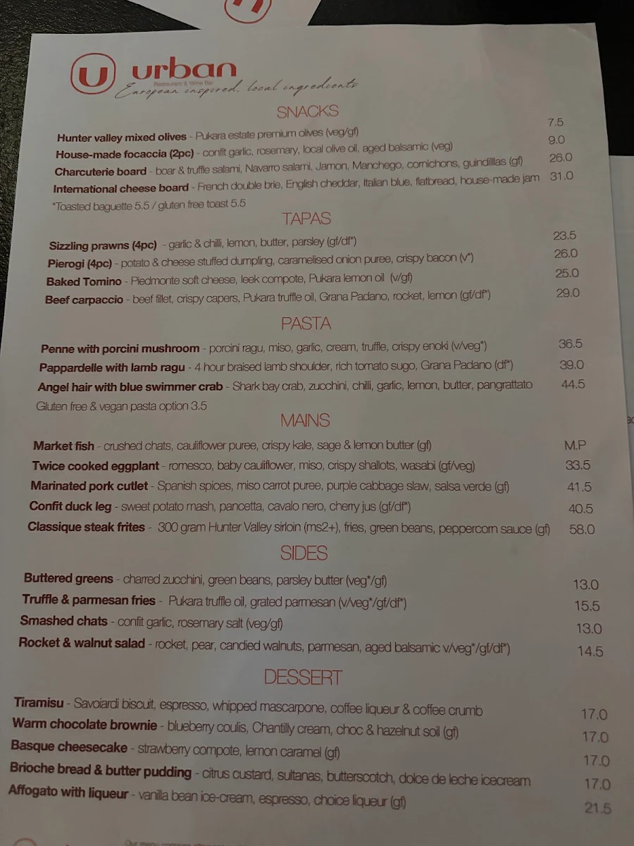 Menu, Urban Restaurant & Wine Bar
