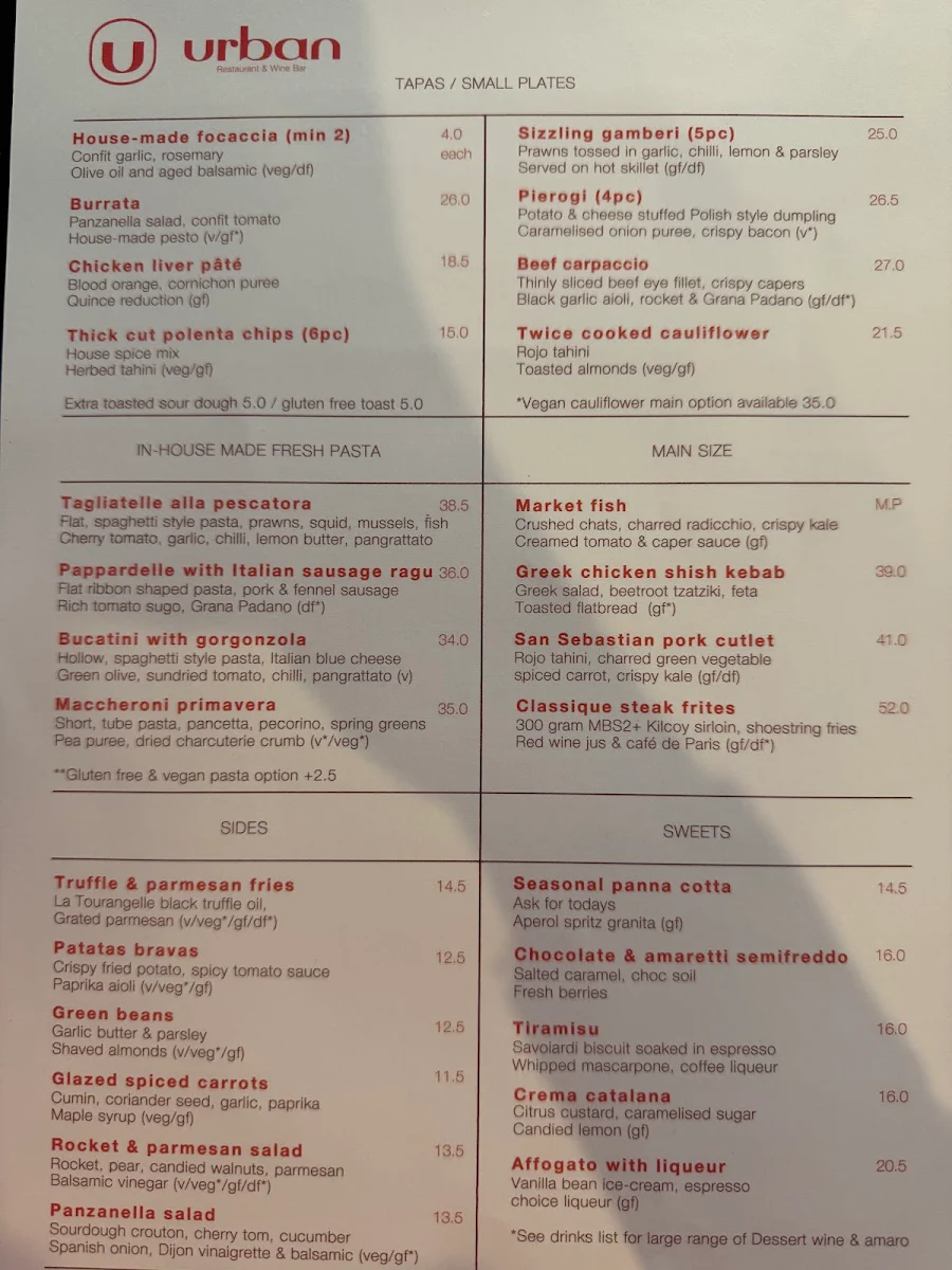 Menu, Urban Restaurant & Wine Bar