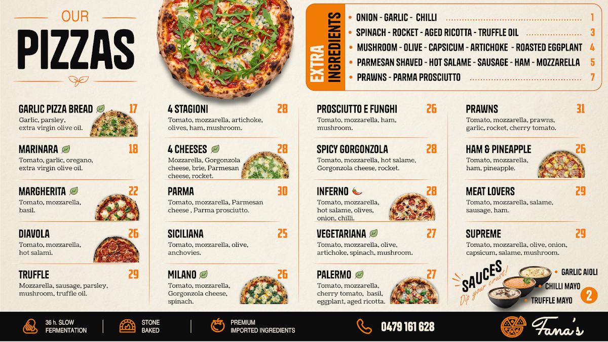 Menu, Fana's Italian Kitchen Kensington