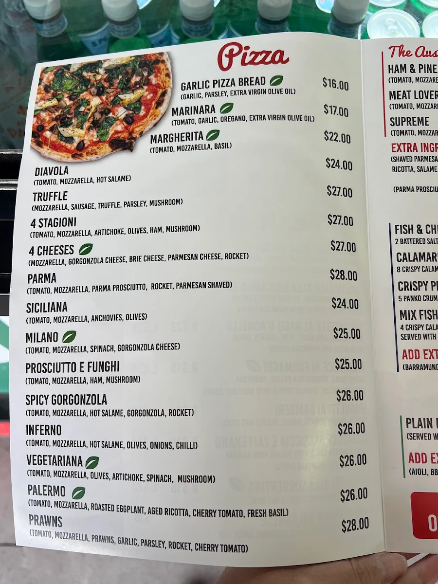 Menu, Fana's Italian Kitchen Kensington