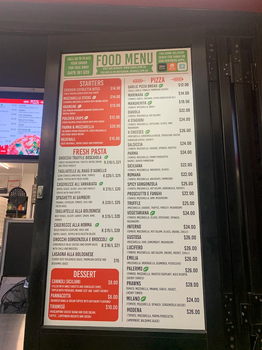 Menu, Fana's Italian Kitchen Kensington