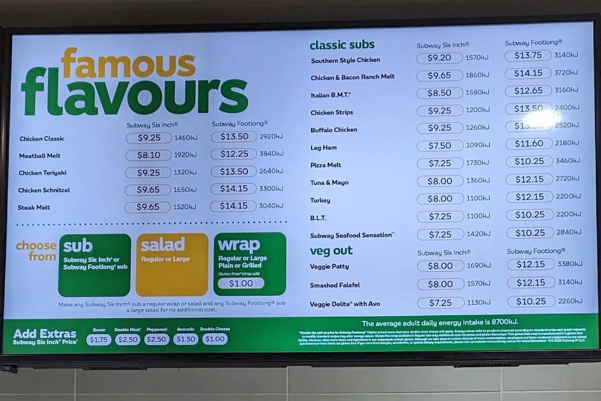 Menu, Subway