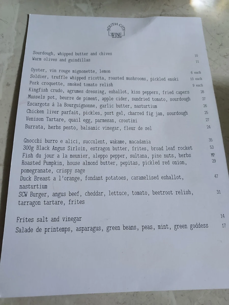 Menu, South City Wine Bar & Bistro