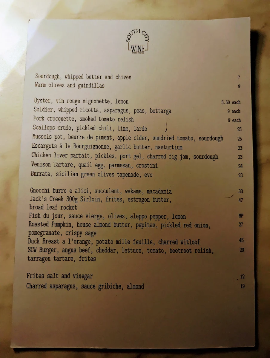 Menu, South City Wine Bar & Bistro