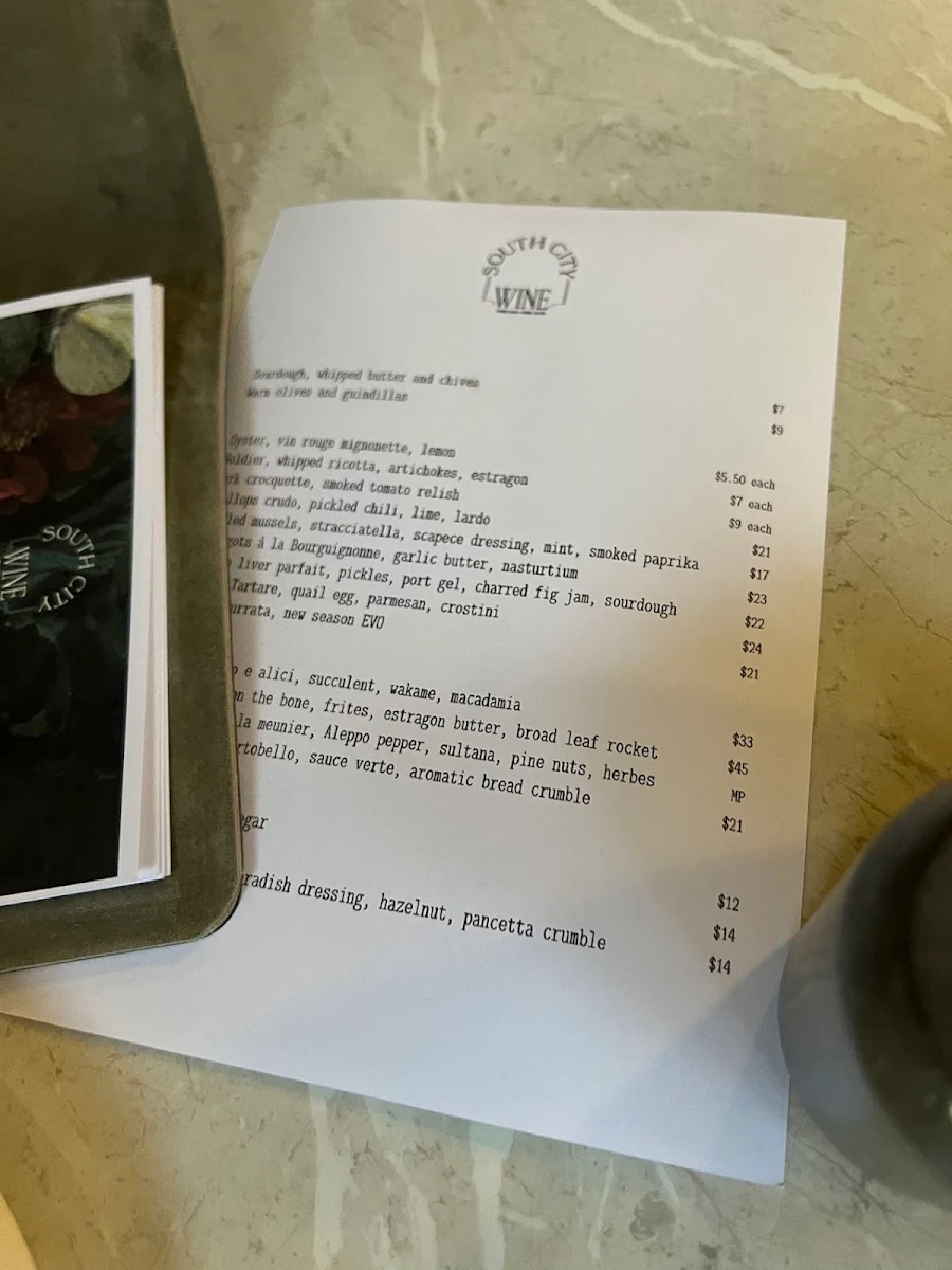 Menu, South City Wine Bar & Bistro