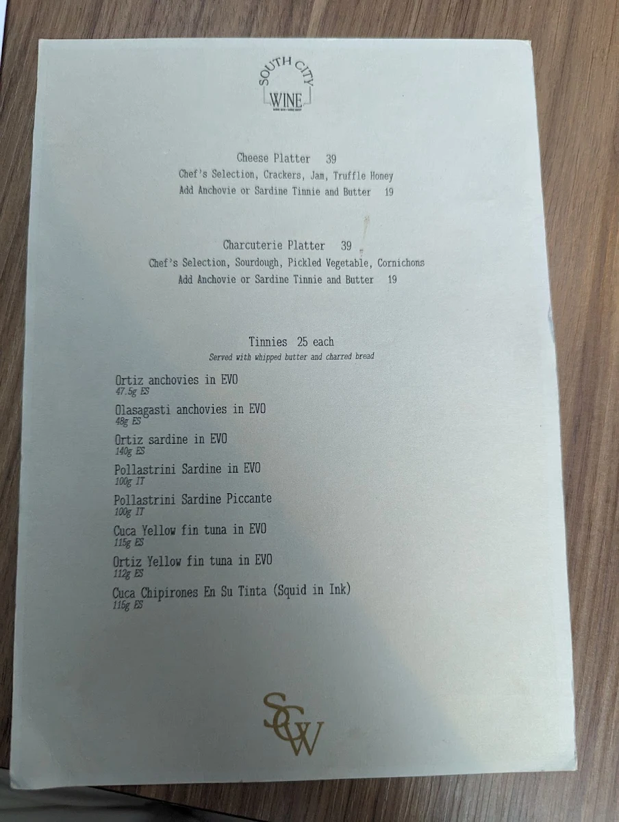 Menu, South City Wine Bar & Bistro