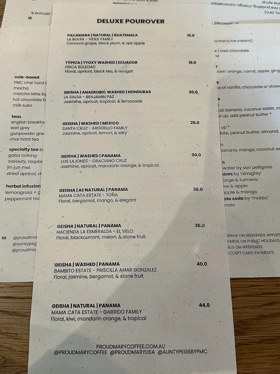 Menu, Proud Mary Coffee