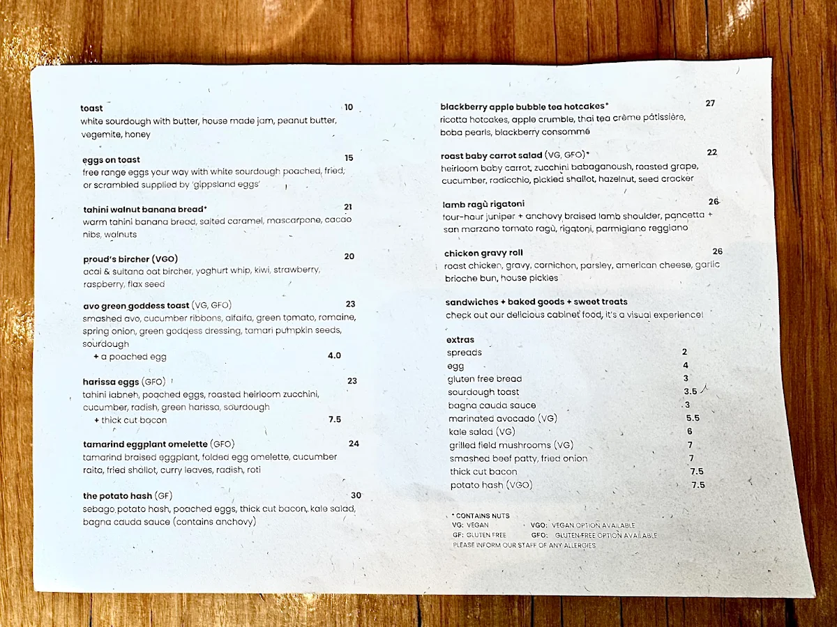 Menu, Proud Mary Coffee