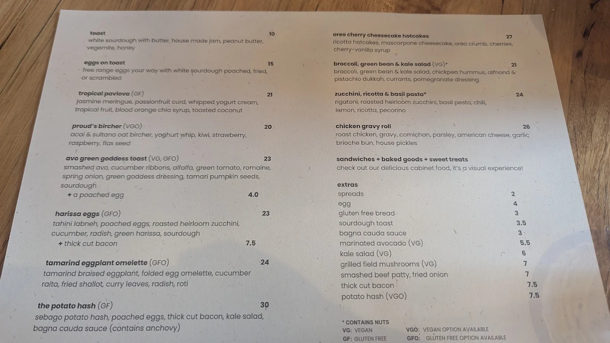 Menu, Proud Mary Coffee