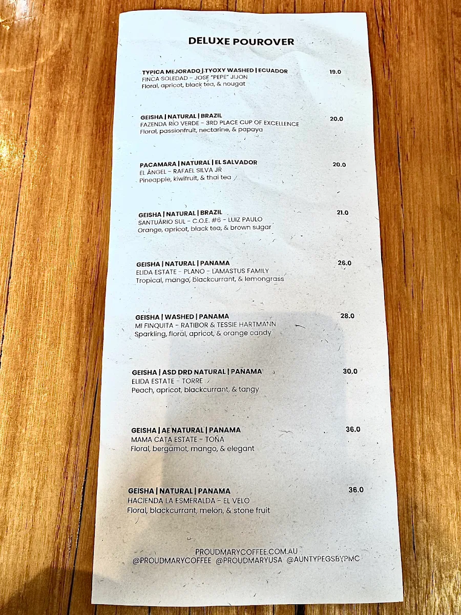 Menu, Proud Mary Coffee