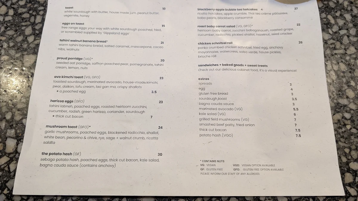 Menu, Proud Mary Coffee