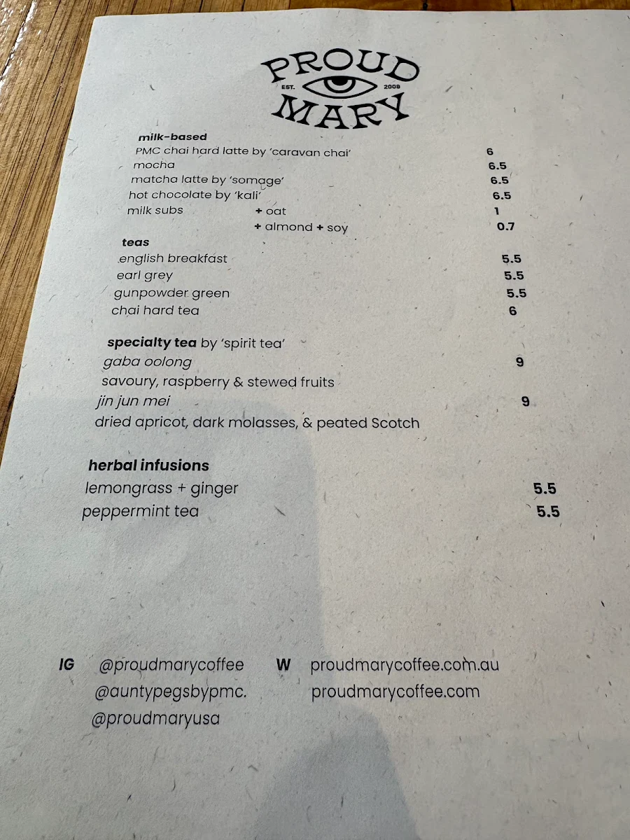 Menu, Proud Mary Coffee