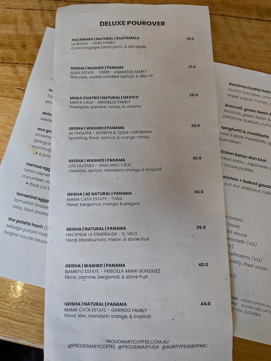 Menu, Proud Mary Coffee