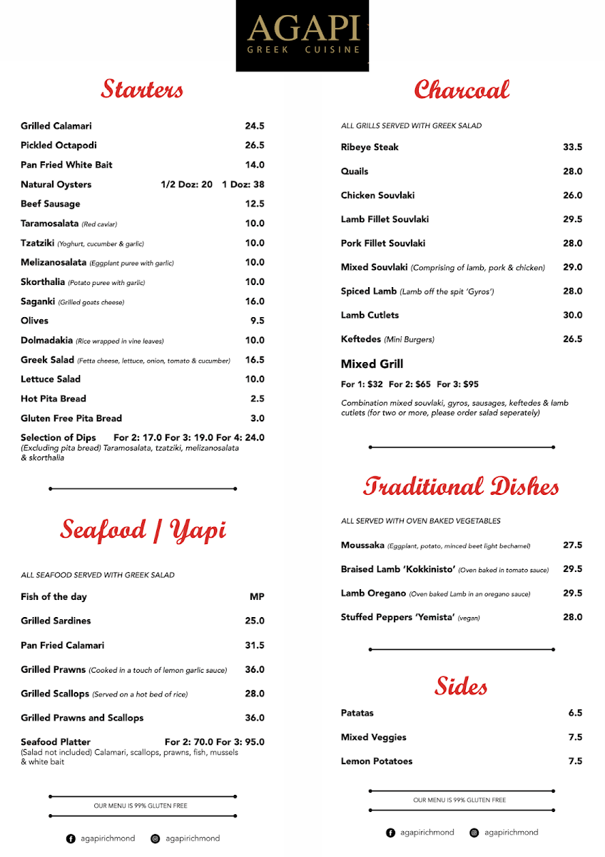 Menu, Agapi Restaurant - Melbourne