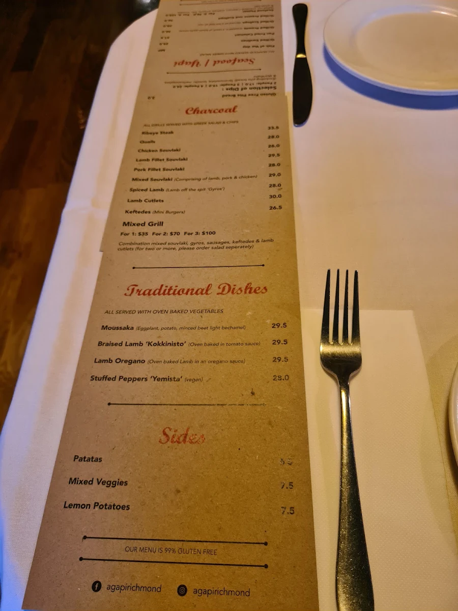 Menu, Agapi Restaurant - Melbourne
