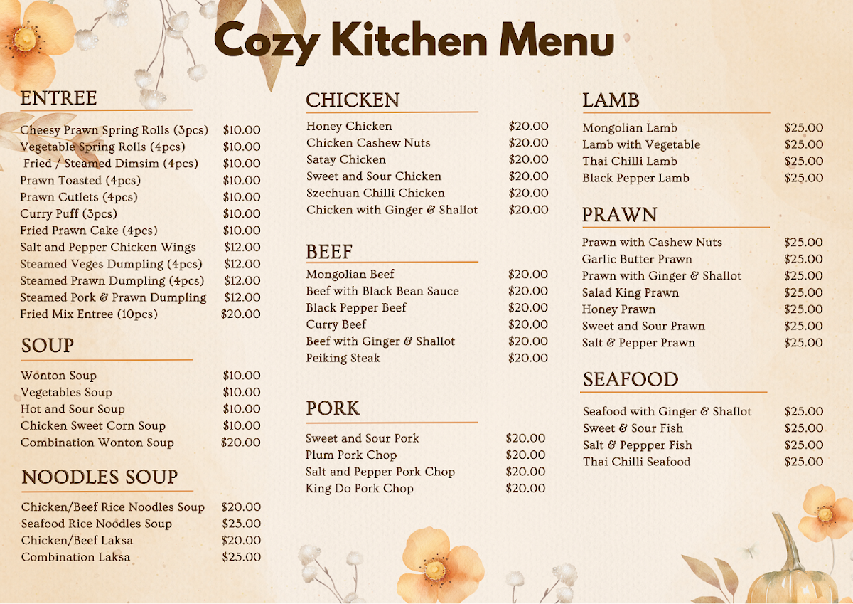 Menu, Cozy Kitchen